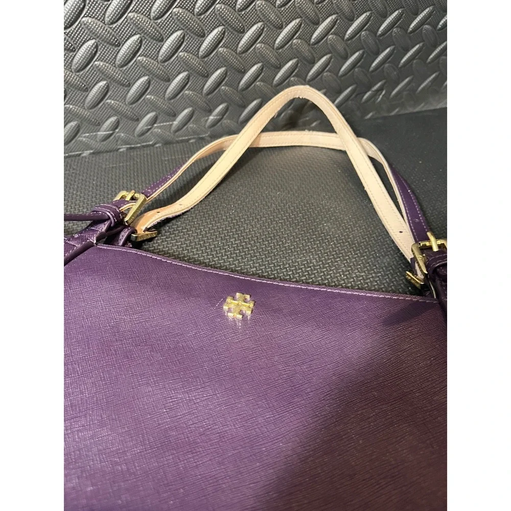 Tory Burch Buckle Tote Womens Large Purple Saffiano Leather Shoulder Bag